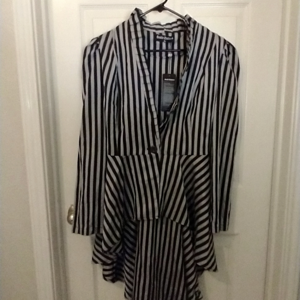 Skarlet Darkness black grey stripes Large button blouse ruffle